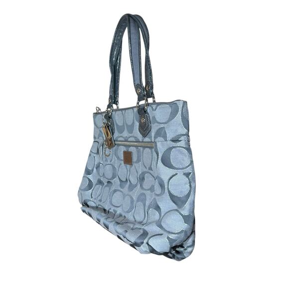Coach Poppy Signature Sateen Tote Gray Silver Metallic Shoulder Bag Purse Large - Picture 5 of 12
